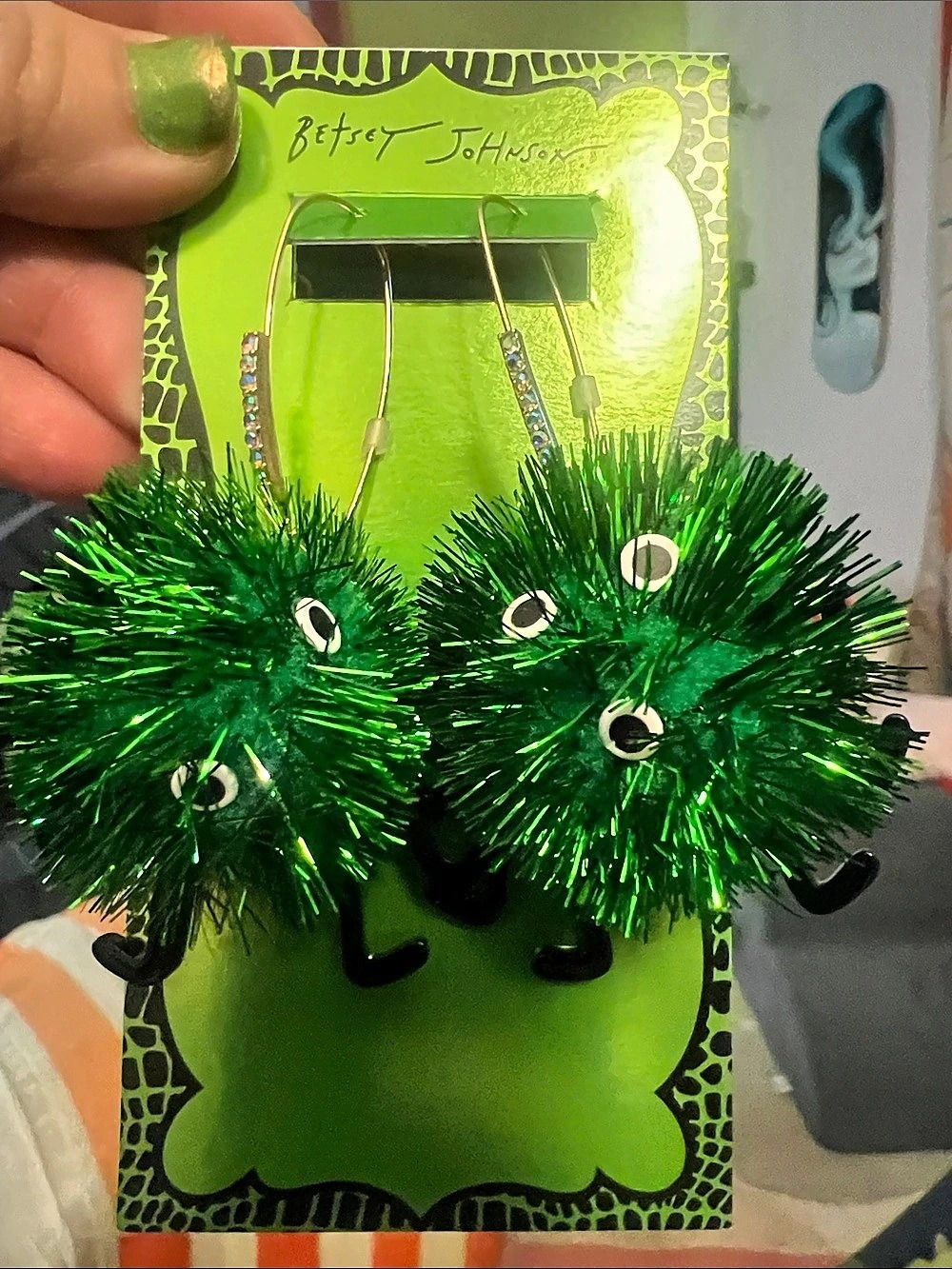 Betsey Johnson Metallic Green Pom Pom monster spider Drop Earrings NWT